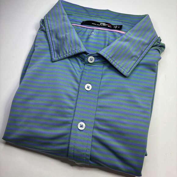 Ralph Lauren RLX Men's L Green Blue Stripe Short Sleeve Performance Polo Shirt - Picture 2 of 8